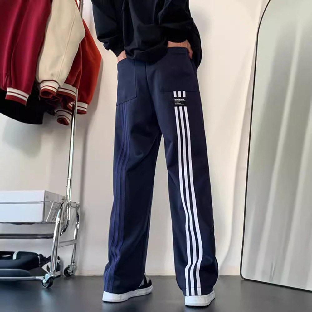 藏蓝三杠美式宽松直筒校服裤男