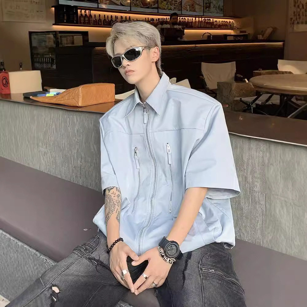 天蓝鱼骨隐形垫肩短袖衬衫男