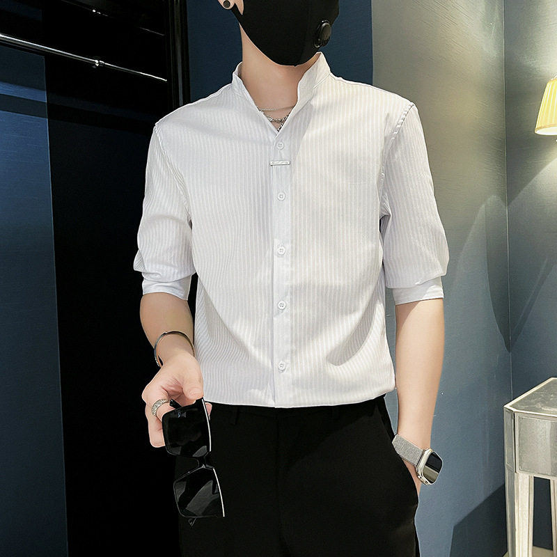 夏季高级感白色七分袖痞帅男衬衫