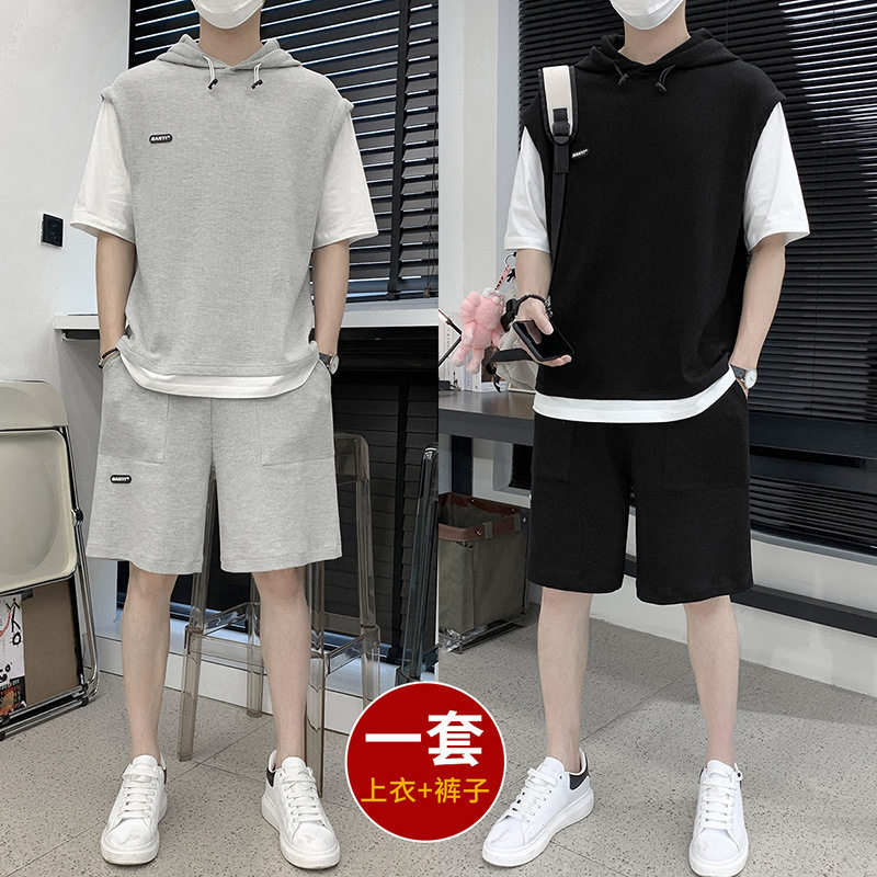 男士夏季韩版潮假两件短袖套装