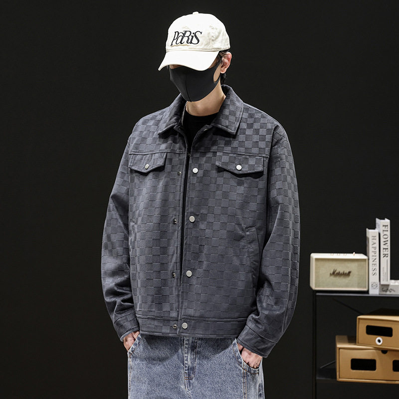 棋盘格夹克男士2025新款春秋季潮牌翻领工装多口袋休闲上衣外套,男装,夹克,淘宝优惠券,粉丝福利购,淘宝优惠卷