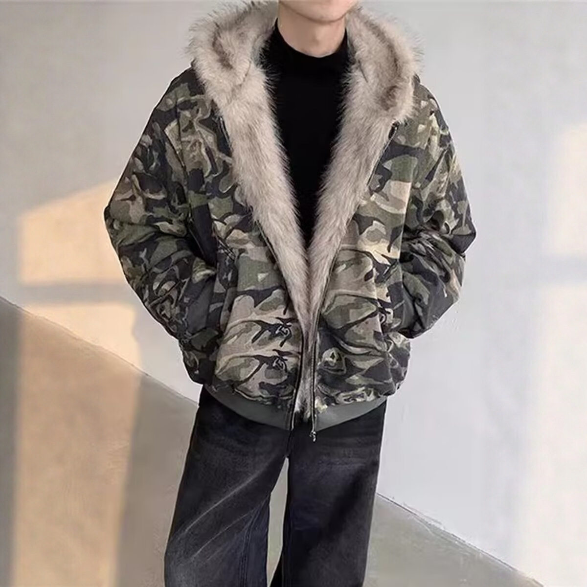 国潮复古迷彩加厚连帽棉服男