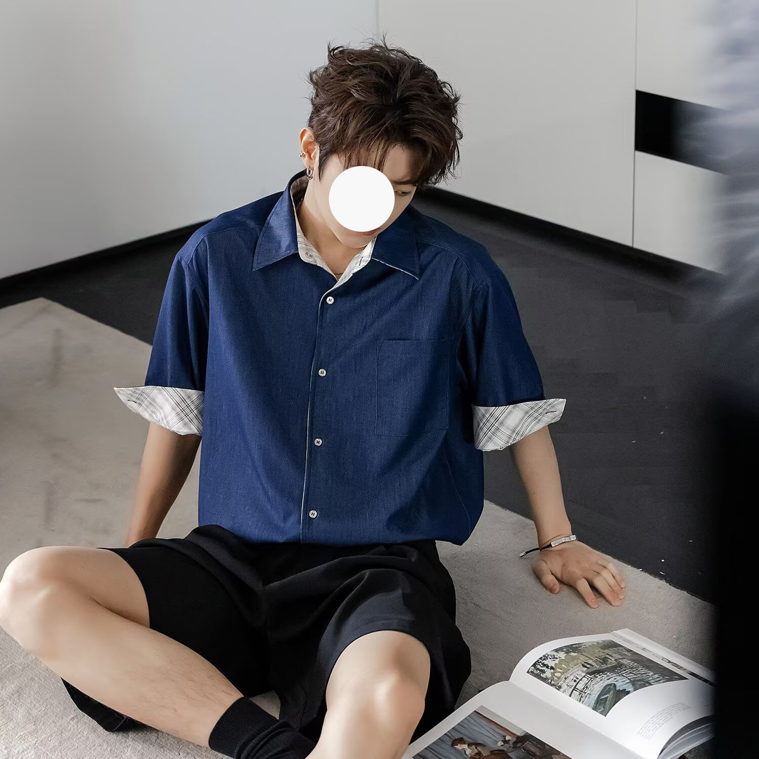 蓝色牛仔短袖衬衫外套男港风