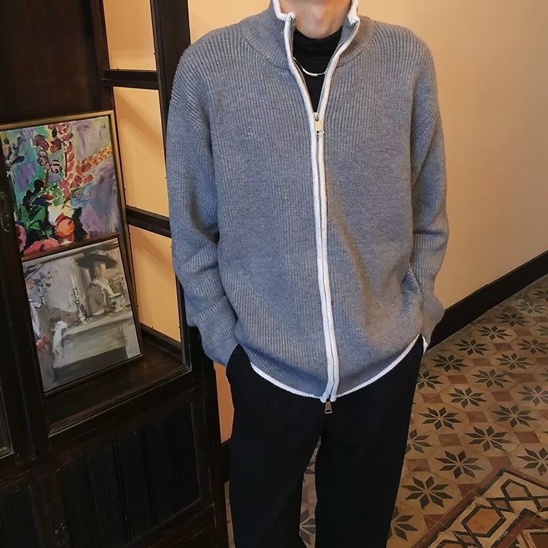 雅帅薄款半高领撞色针织开衫
