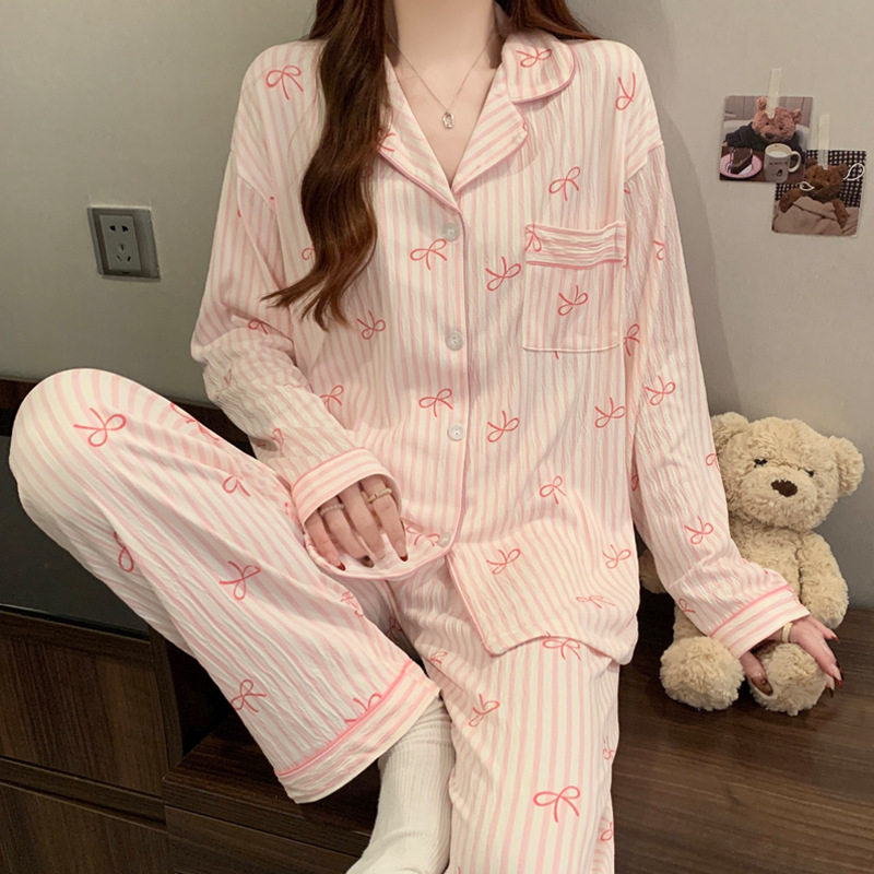 皱皱布睡衣春季款甜美少女条纹长袖韩版休闲可外穿家居服套装批发