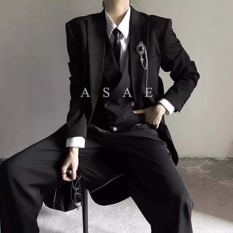 韩风山本风黑色长款西服外套