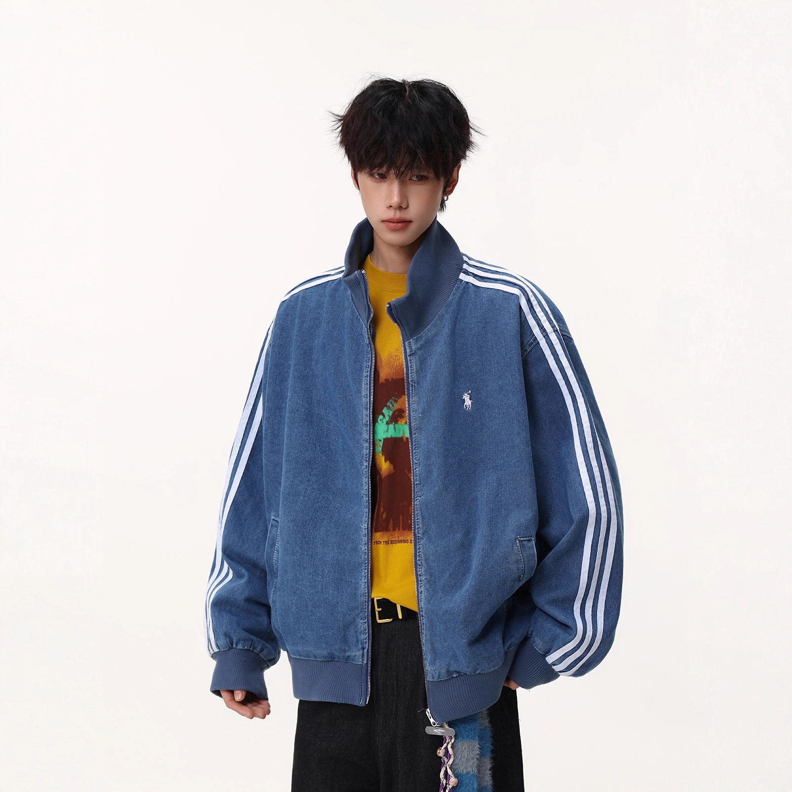 美式三道杠刺绣牛仔棒球夹克