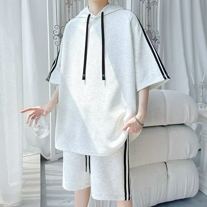 夏季男士连帽运动短袖短裤套装