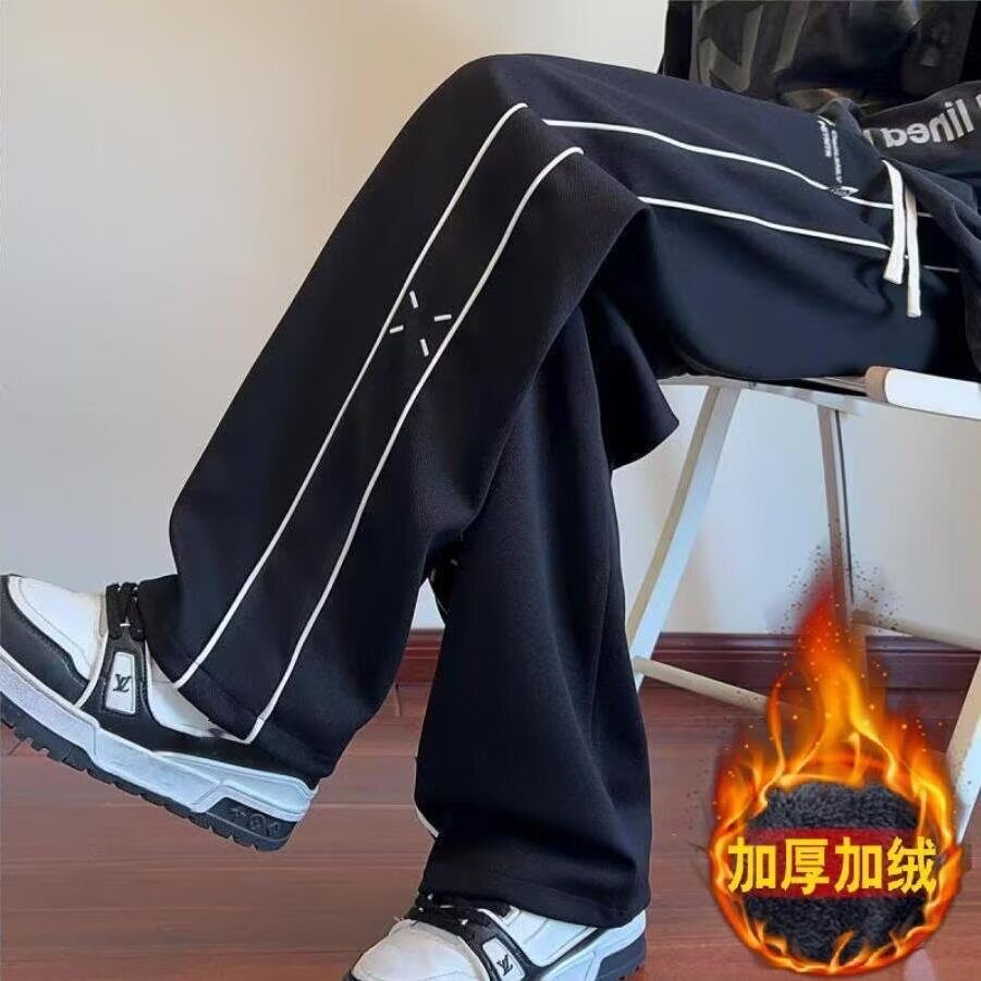 菠萝格条纹加绒加厚阔腿男长裤