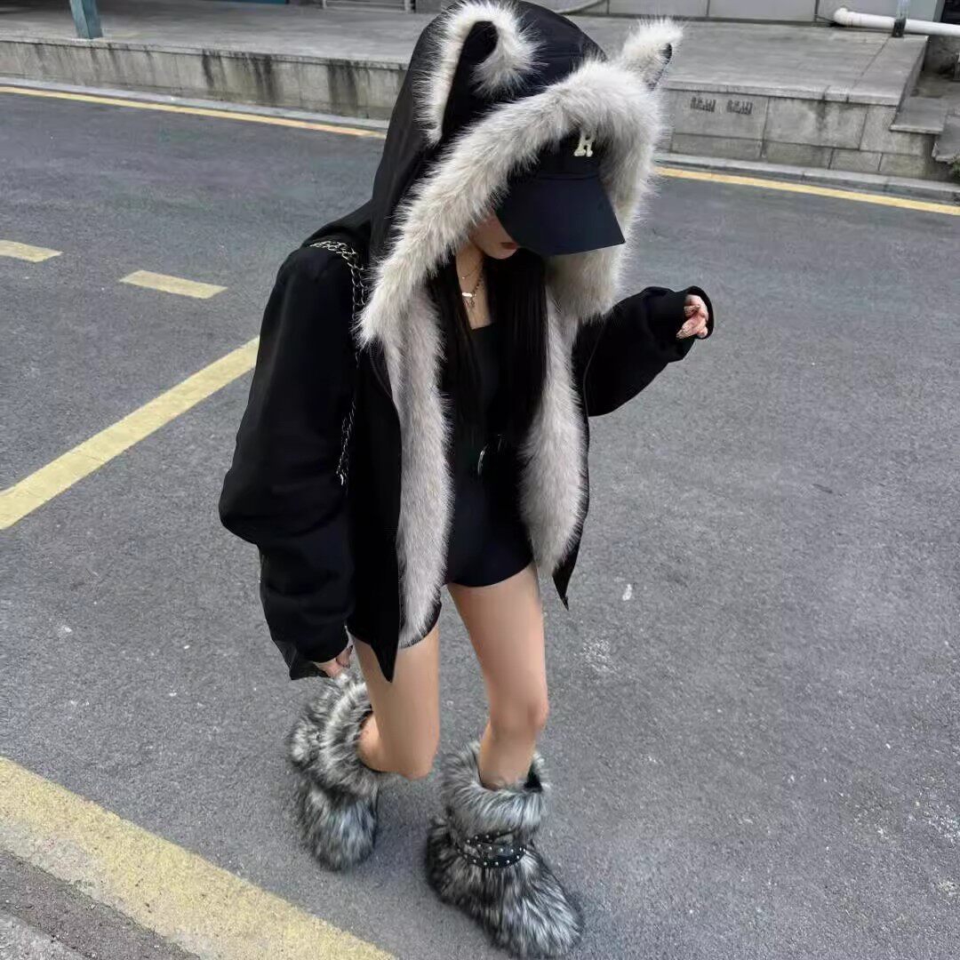 猫兔耳朵座山雕连帽麂皮绒棉衣