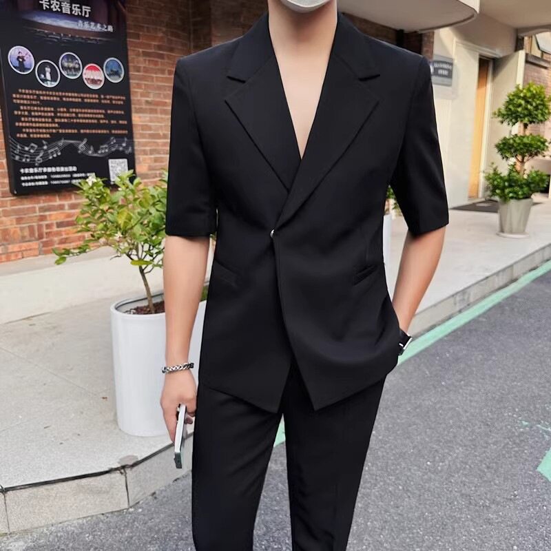 高级感七分袖西装男韩版潮流时尚休闲轻熟风夏季短袖男式休闲西装