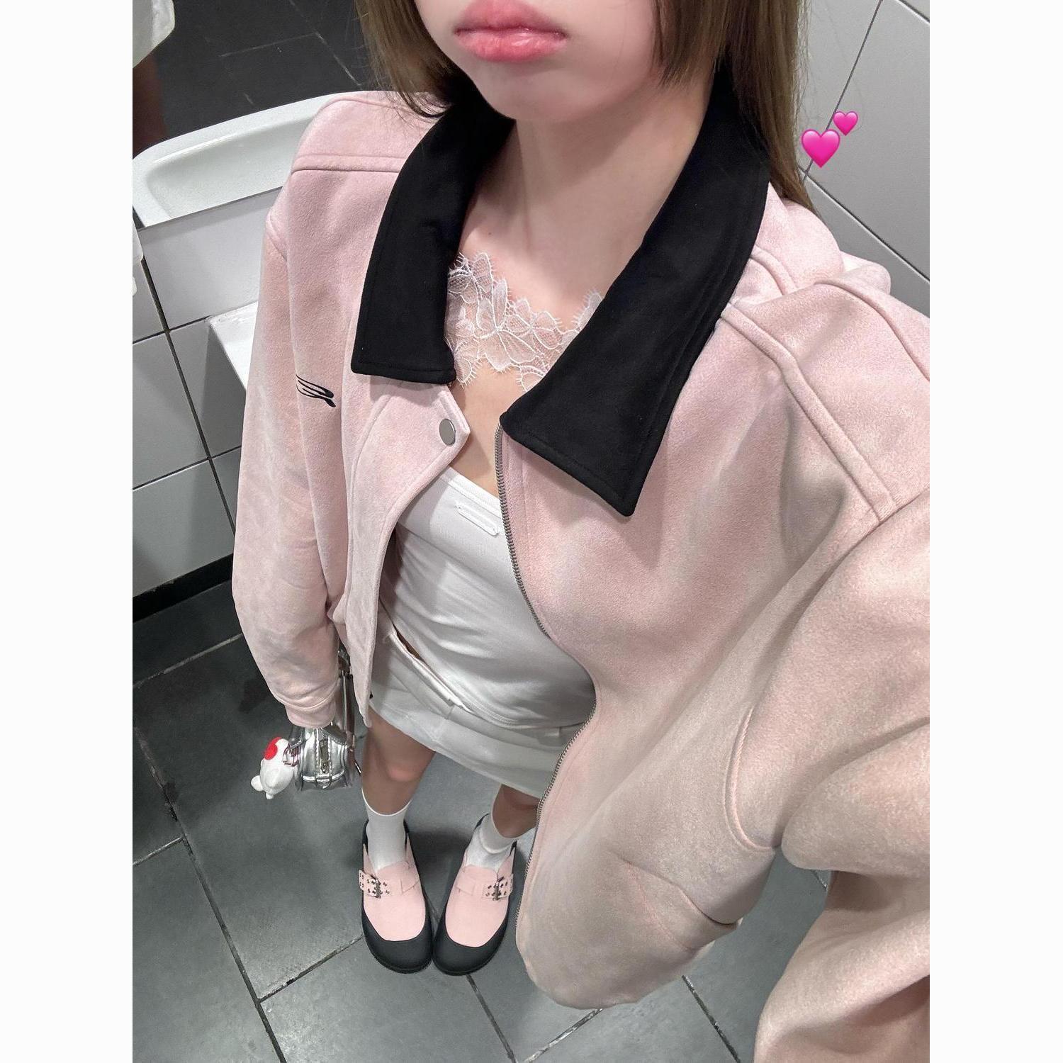 美式复古粉色麂皮棒球服女款