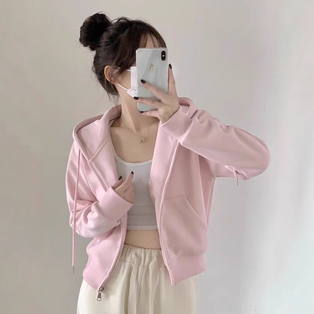 早秋粉色厚款短卫衣开衫女新款
