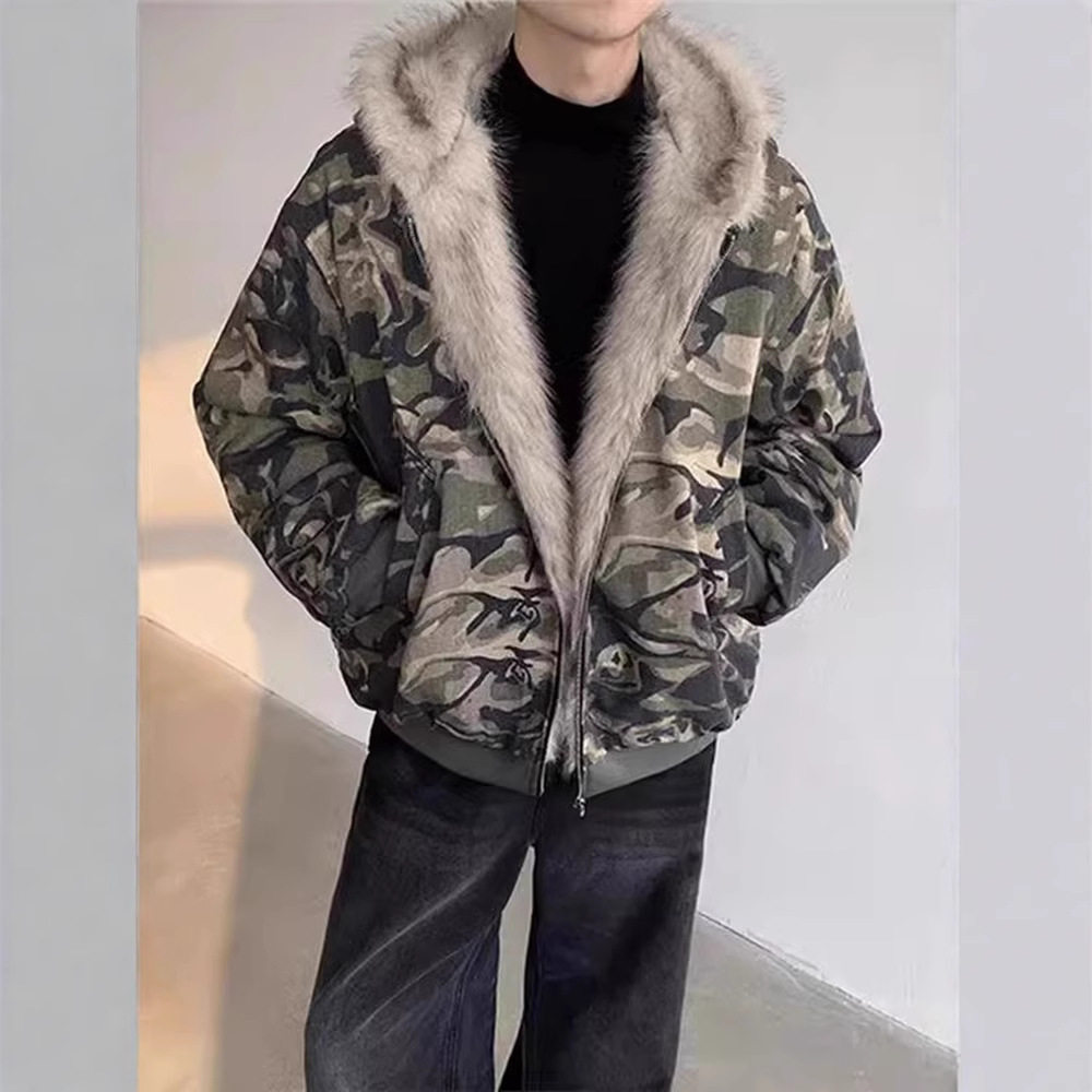 座山雕连帽大毛领迷彩羽绒棉服