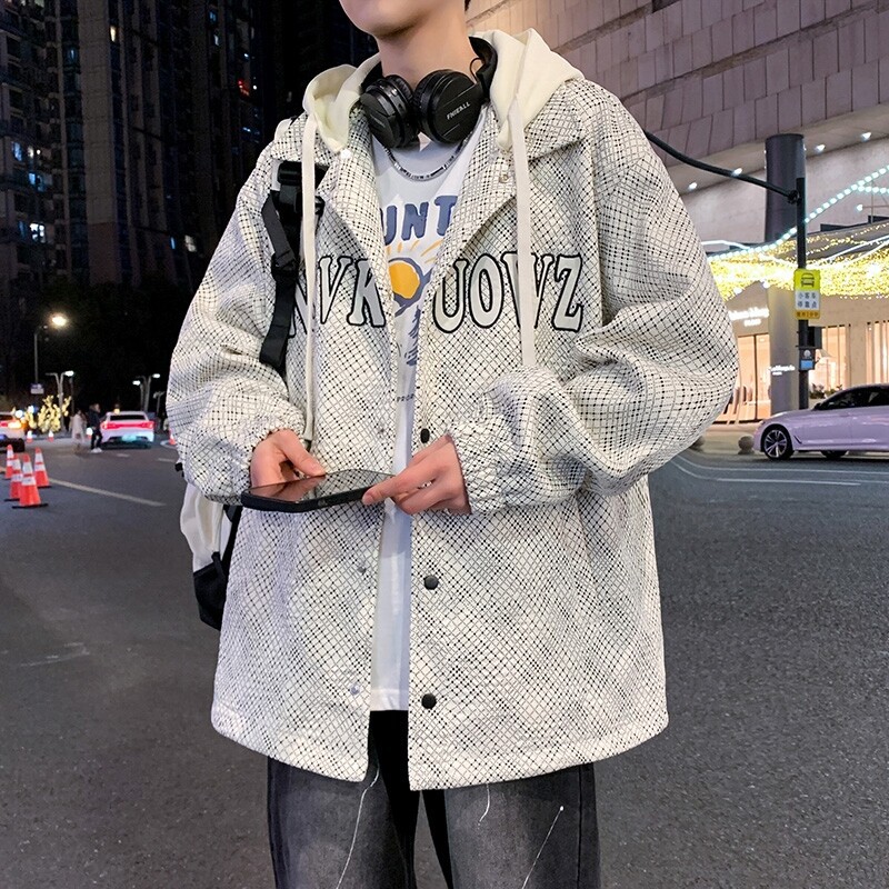 假两件连帽外套男春秋季2026新款格纹夹克男潮牌青少年港风上衣服
