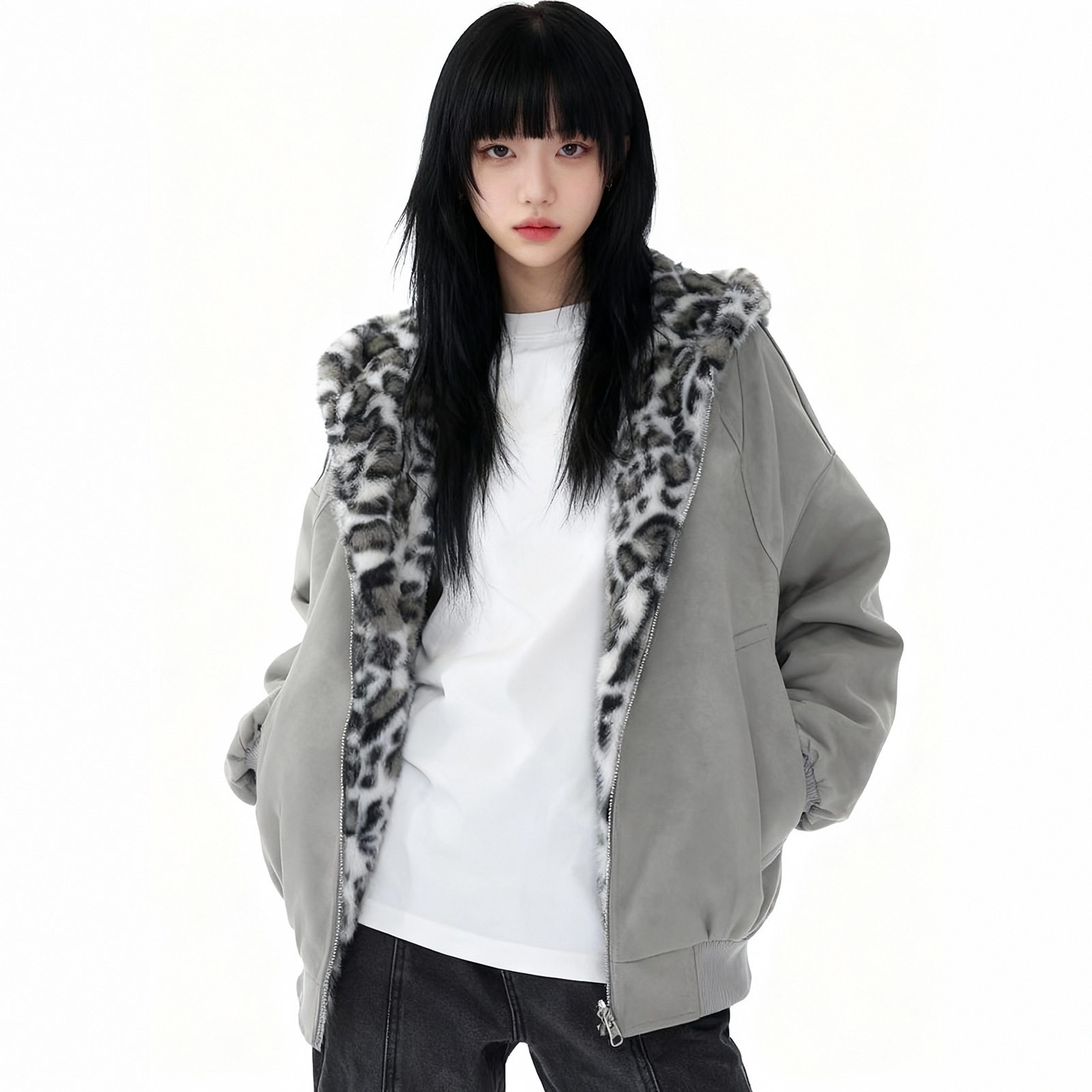 复古座山豹连帽双面穿加绒棉服