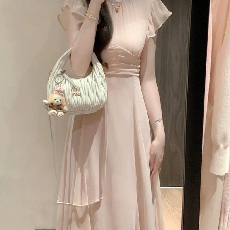 夏季miu系温柔风收腰褶皱连衣裙