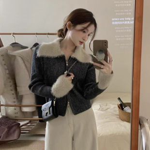 双拉链翻领水貂绒袖口拼接毛衣外套女冬季短款高级感内搭针织开衫