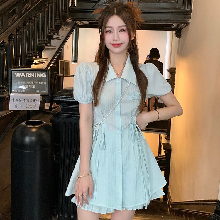 法式绑带设计感收腰短袖蓝色衬衫连衣裙高腰打底短裤夏季两件套女