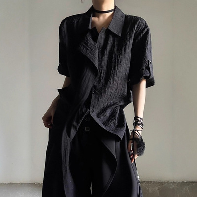 飘带短袖衬衫法式复古风男女山本风2025夏季款小众设计感休闲衬衣