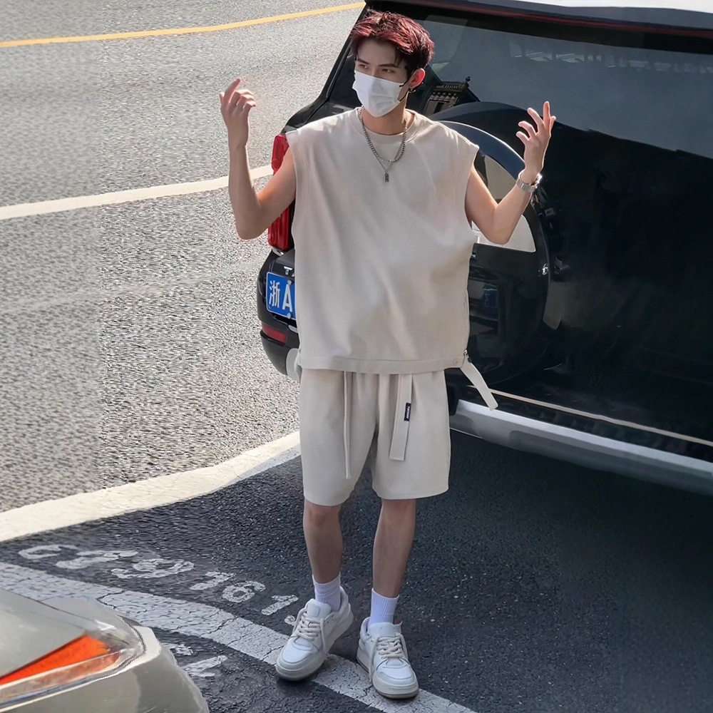 夏季冰丝男无袖短裤运动套装