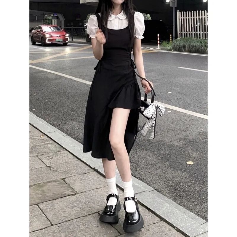 法式复古赫本风黑色假两件连衣裙女夏中长款小个子不规则开叉