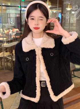 小香风黑色灯芯绒复古短外套女2025秋冬新款冬加厚小个子短款上衣