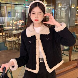 小香风黑色灯芯绒复古短外套女2025秋冬新款冬加厚小个子短款上衣
