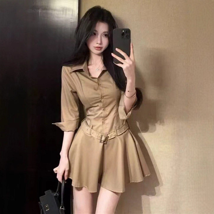 韩系休闲Polo领收腰气质衬衫连衣裙秋季新款辣妹修身A字百褶短裙