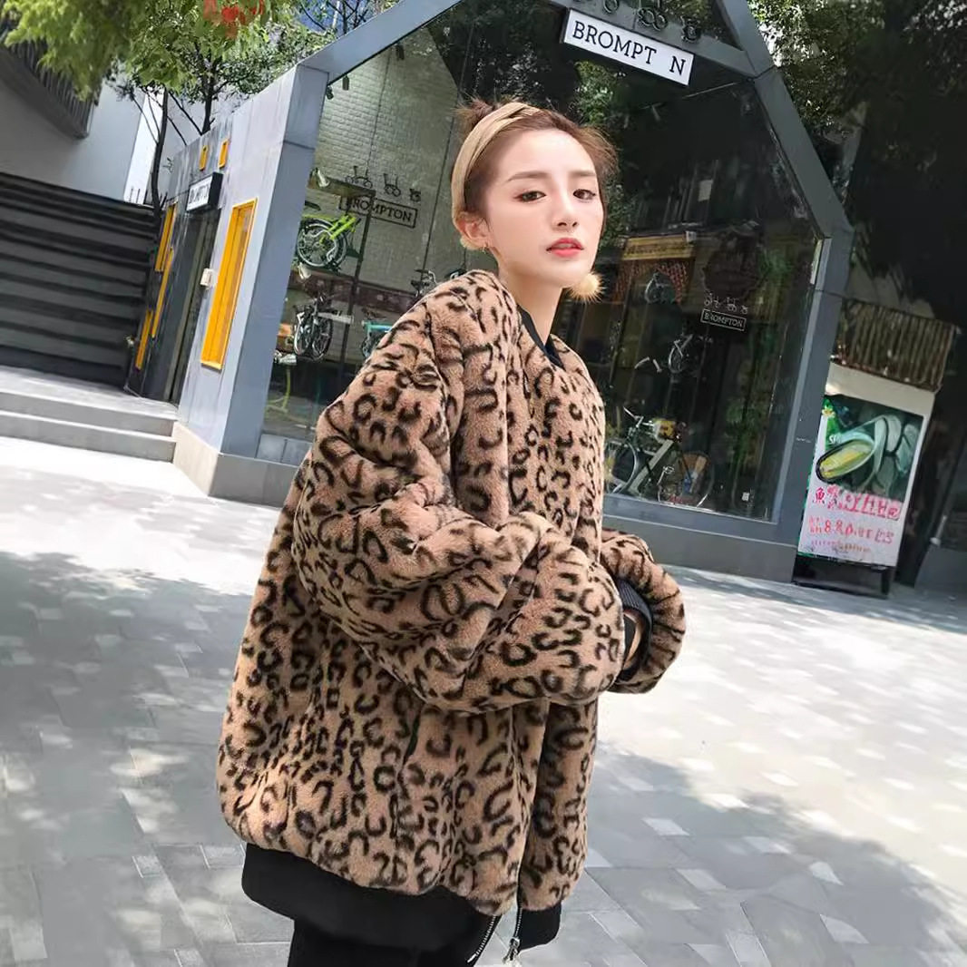 欧洲站时尚豹纹皮草大衣高级感