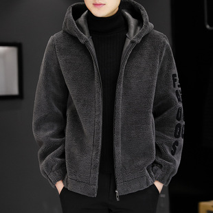 男士供应链羊剪绒连帽毛呢夹克加绒加厚皮毛一体男装刺绣开衫外套