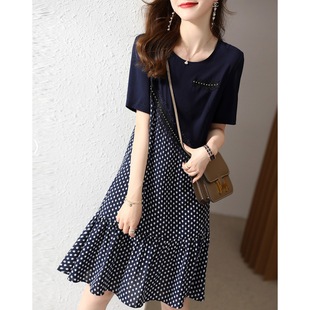 出口意大利品牌清仓断码样衣折扣原单拼接波点夏季时尚休闲连衣裙