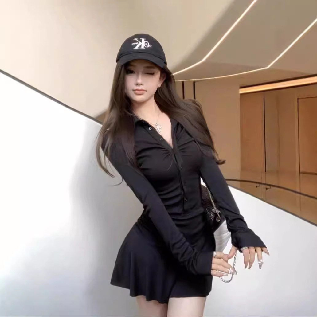 秋季美式辣妹POLO领收腰连衣裙