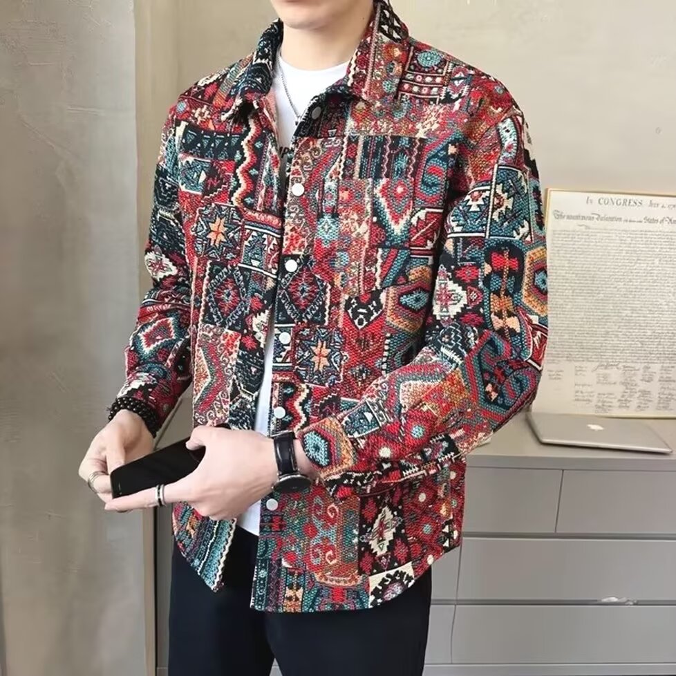 复古港风民族花衬衫男长袖韩风气质印花港味雪纺碎花衬衣宽松薄款