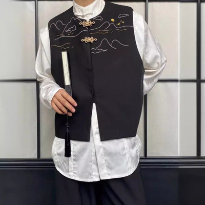 新中式山水刺绣盘扣男马甲夏季