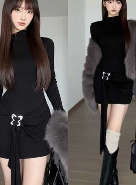 下周六女秋冬内搭短裙御姐辣妹长袖收腰裙子半高领黑色包臀连衣裙