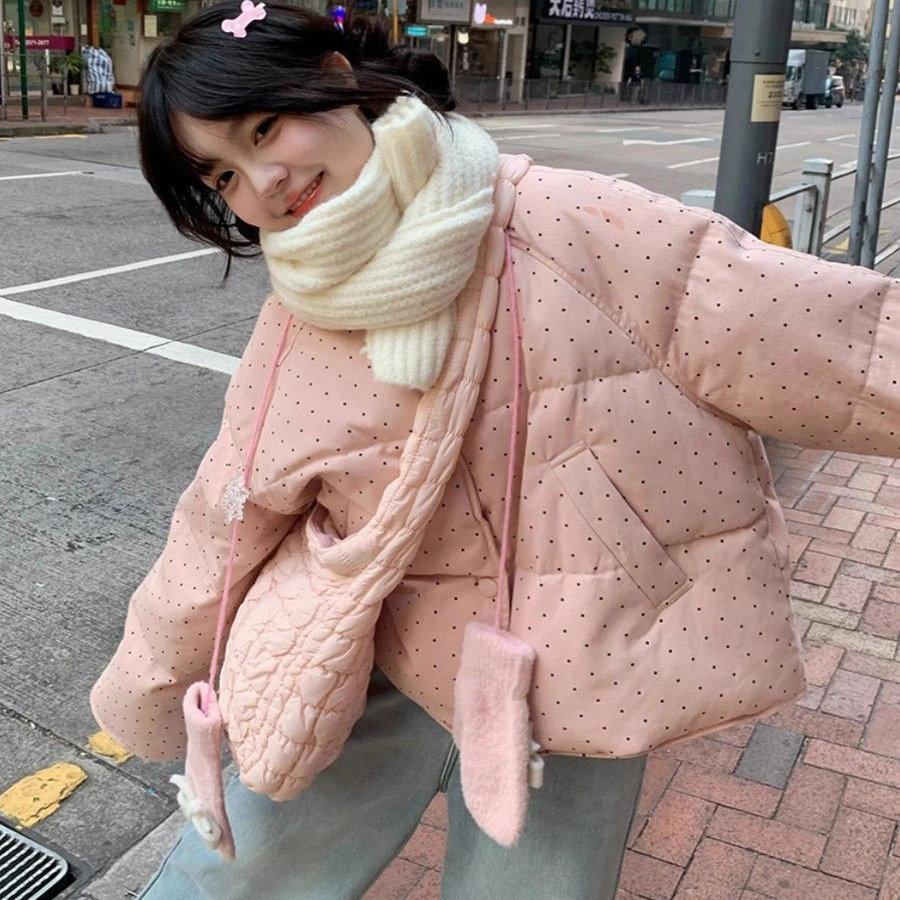 粉色可爱甜美波点立领羽绒棉服