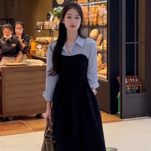 拼接翻领长袖连衣裙女早秋2025年新款收腰显瘦衬衫裙港风chic长裙