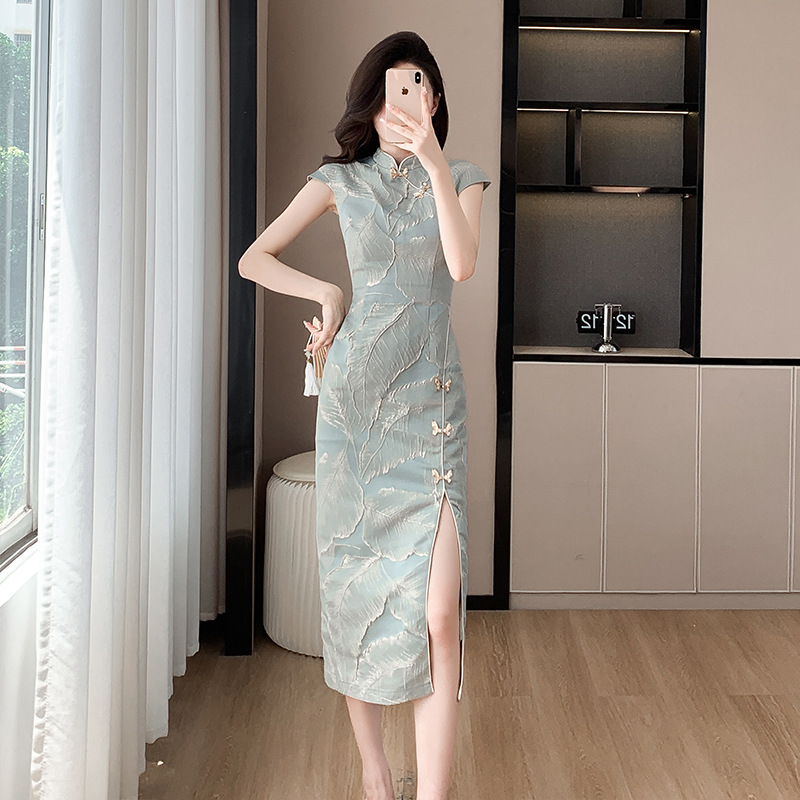 新中式国风改良旗袍连衣裙女夏季长裙法式小个子气质礼服裙8602-
