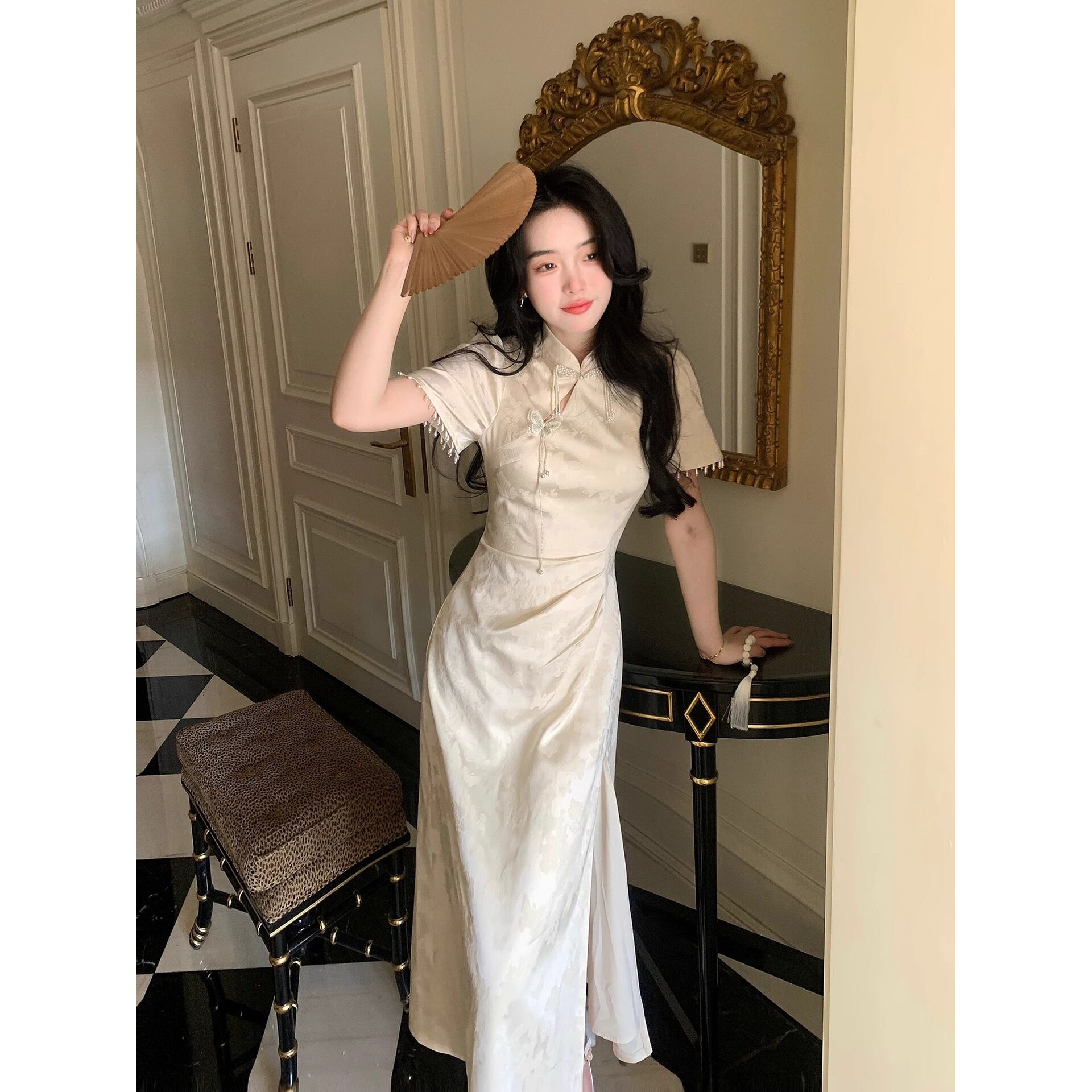 夏季新中式杏色长款旗袍连衣裙