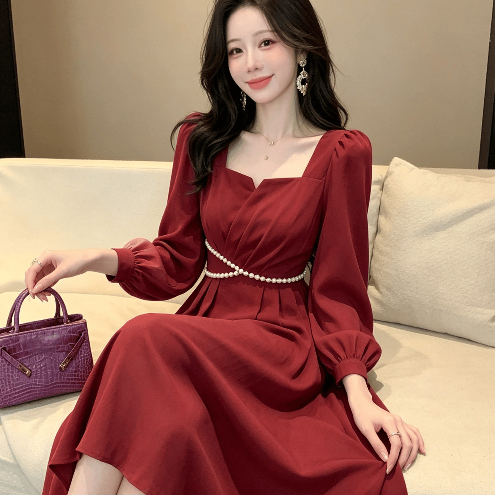 2026秋冬装新款姐妹女装不规则长裙显瘦长袖度假碎花连衣裙小V领