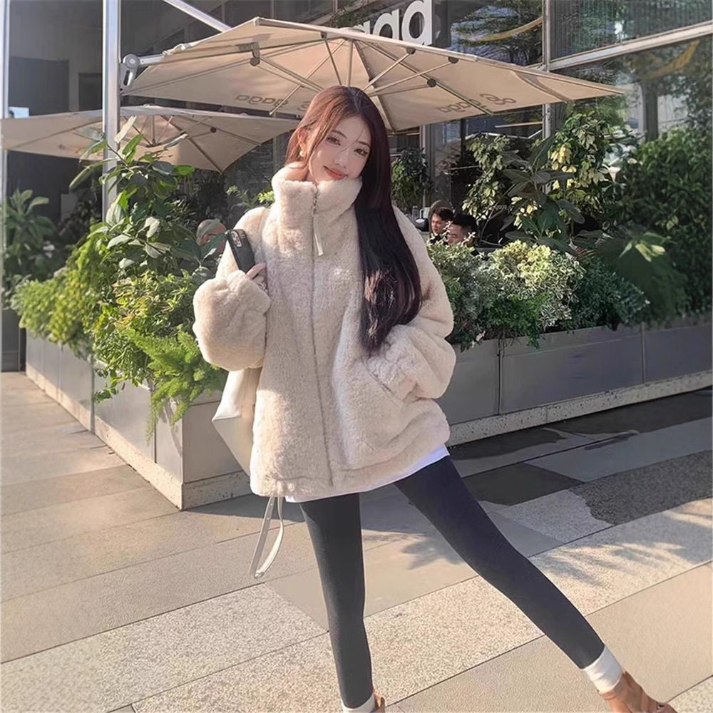 杏色立领羊羔毛毛绒加绒外套