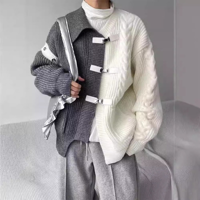 小众设计感不规则撞色拼接毛衣男女同款宽松解构金属针织开衫外套