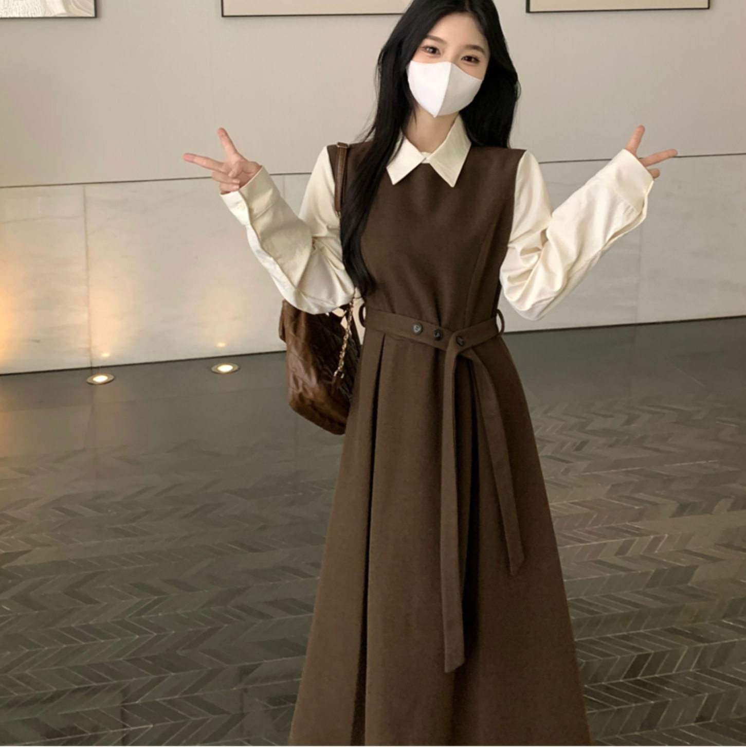 春季法式假两件长袖大码连衣裙
