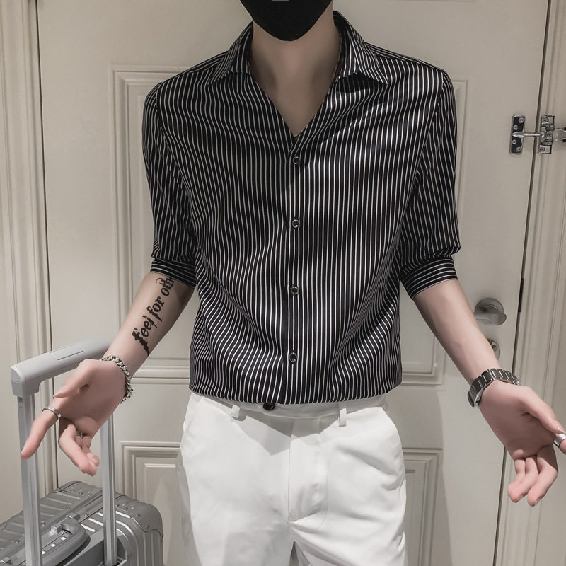 夏季冰丝V领条纹修身男士衬衫