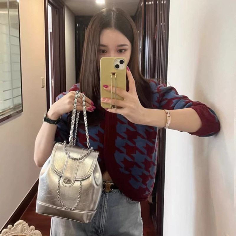 夏季小香风银色链条双肩包女