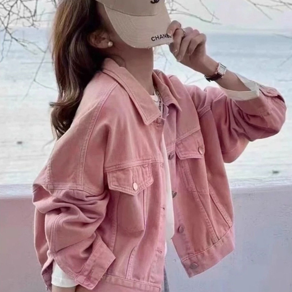 秋新粉色短款牛仔外套女显瘦