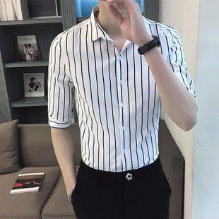 韩版 衬衫 潮流帅气寸衫 条纹衬衣男半袖 中袖 修身 夏季 男士 七分袖 新款