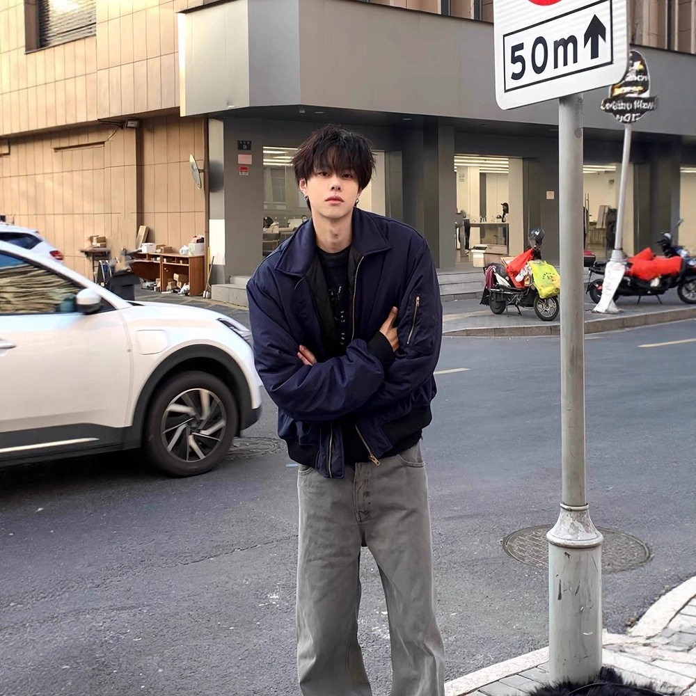 藏青翻领飞行夹克男款复古街头