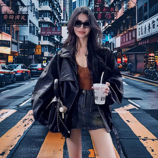 黑色复古机车翻领pu皮衣外套女酷飒风2026秋季 皮夹克上衣 新款
